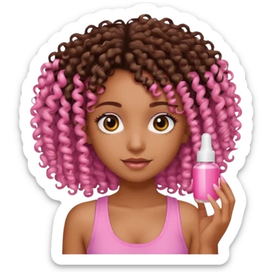 Uma menina com o cabelo cacheado é morena, e com uma regata rosa com unha em gel, é com Baby hair.  sticker