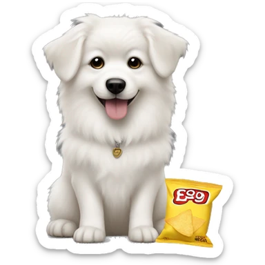 white fluffy dog with a bag of chips that says lil baby on it  sticker