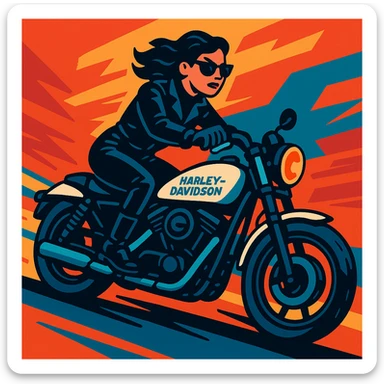 A woman dressed in black leather astride a white and blue Harley Davidson, action scene, expressive, contemporary vibrant toon style illustration sticker