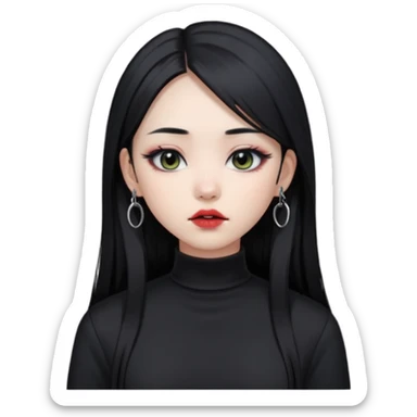 goth Asian girl, straight long black hair, lip piercing, black mock neck shirt sticker