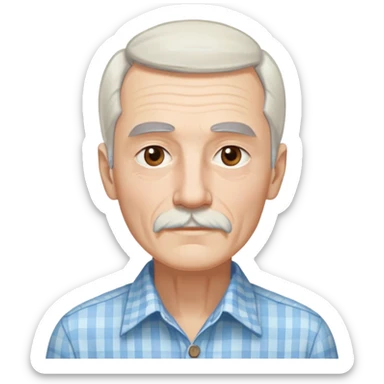 Skinny man in his 70s with fair skin. Long narrow face. Gentle light brown eyes. Fine straight white hair with light bangs touching eyebrows. Thin eyebrows. White goatee connected to mustache. Slender appearance. Wearing a light blue and beige checkered button-up shirt. sticker