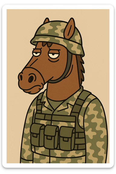 brown horse with an army vibe, cartoon style, wearing camouflage gear and a helmet sticker