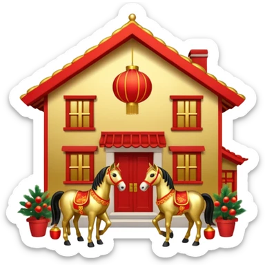 Chinese new year 马，我要有新年气氛的… 背景可以加屋子等吗… 可以加 新年快乐 2026 字眼吗？ sticker
