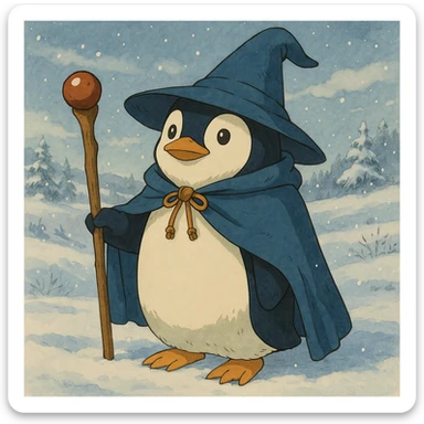 Add a snowy landscape background behind the penguin wizard, keep all original colours and lighting sticker