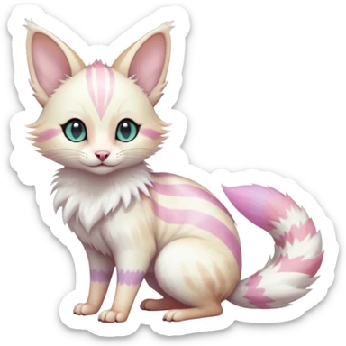  cute adorable white albino fur with random colorful iridescent markings beautiful elegant pretty precious cute  Fakémon-Pokémon-alien-opossum-feline-serval-caracal-chinchilla-Minccino-hybrid-creature with a big fluffy bushy striped tail (full body) sticker