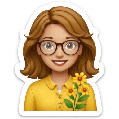 girl with a yellow blouse with flowers, with hair in waves with glasses smiling sticker