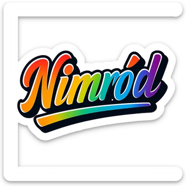 The name 'Nimród' in modern style with precise Hungarian letters, rainbow gradient fill, extra thick white letter outline, dark contour, transparent background, dynamic slanted underline, in the style of the reference sample images. sticker