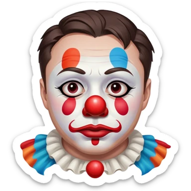 Elon Musk sad as he paints a clown face on his own face sticker