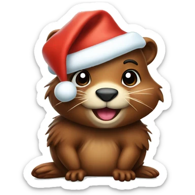Make me a cute warm little beaver wearing christmas hat sticker