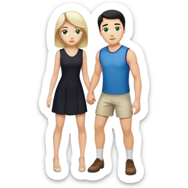 prince, black hair, blue eyes, garment,  woman, blonde Hair, green eyes, bending knee, sleveless white dress, sticker