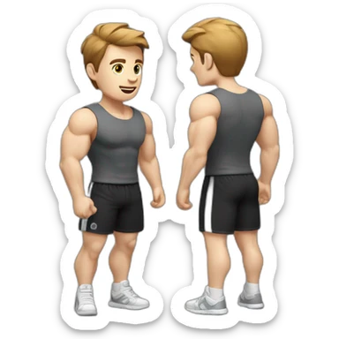 Close up Actively gesturing  with hands Pale skinned Fit Man With the biceps and brown hair in dark gray Sleeveless Mike, black oversize sports shorts, watch and white Sneakers sticker