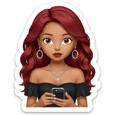 a pretty bratz girl with wavy dark red hair, wearing a black off shoulder top . silver dainty layered necklaces, carrying an iphone sticker