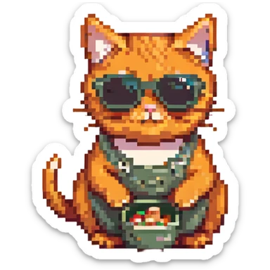 Make the cat orange, keep the pixel art style, cat wearing sunglasses and eating a mouse, with no background. sticker
