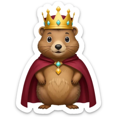 Groundhog wearing crown with a maroon cape with KPM embroidered on the cape sticker