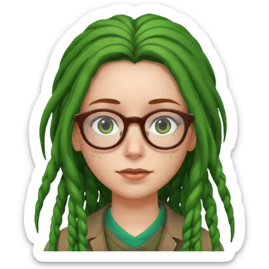 A white Girl with glasses,Brown long hair, grenn dredd sticker