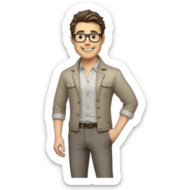Joyful Pale skinned Fit Man With dark brown hair in gray jacket, beige office shirt, Brown pants and vintage glasses. His thrumbs up sticker