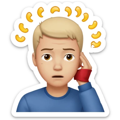 A frustrated young man holding his head looking sideways, confused expression, dramatic lighting, blurred dark background, cinematic YouTube intro style, ultra-realistic. sticker