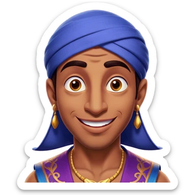 Cinematic Realistic Aladdin Portrait, head tilted dramatically with an exaggeratedly amused expression, featuring vibrant eyes and a slight, roguish grin. His detailed attire and subtle magical accents are brought to life with dynamic lighting and vivid textures, capturing a rare, playful burst of humor from a daring street-wise adventurer. sticker