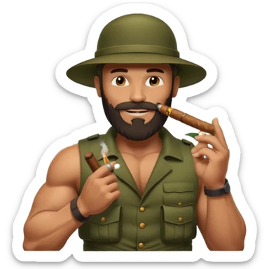 brauny vested bearded jungle commando smoking a cigar with a grin sticker