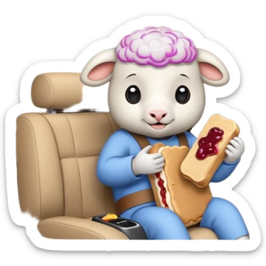 cute baby sheep eating peanut butter and jelly driving in a bmw x1, holding a peanut butter and jelly in hand sticker