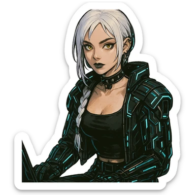  she is wearing armor, maximum power , except instead she's giving a victory salute, [[[except it's a black cat typing at a laptop]]], a closeup portrait of young woman with gold yellow eyes, white hair, long braid, black off-shoulder top d-cup, punk gothic style, futuristic cyberwave cyberpunk, sitting position
 sticker