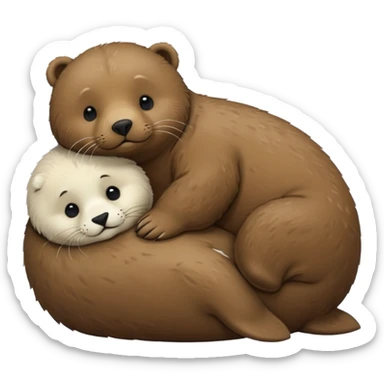 tiny white seal laying on a big brown bear’s belly sticker