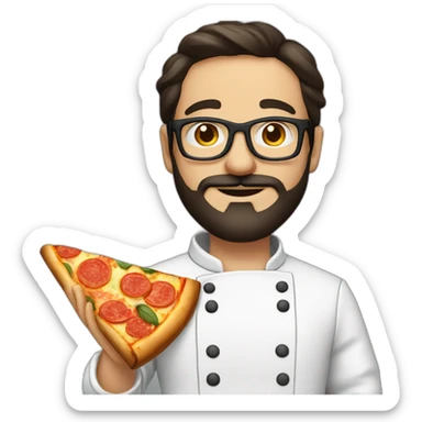 Dark haired chef with beard and big glasses holding a slice of pizza sticker