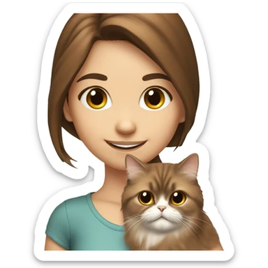 smiling girl with brown hair Persian cat on shoulder  sticker