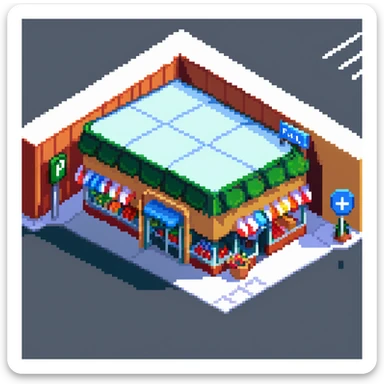 Isometric view of a supermarket building exterior with parking lot, shopping carts, and store sign sticker