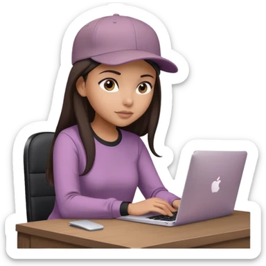 A professional 3D avatar of a young woman with olive skin and long, dark brown hair, wearing a dark, long-sleeved mauve taupe shirt and a black baseball cap. She's sitting at a sleek wooden desk, typing and looking at a silver MacBook.  sticker
