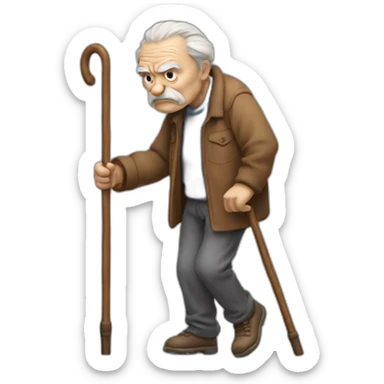 Old man leaning on a walking cane and holding his crancky back with his hand grumpy face, detailed sticker