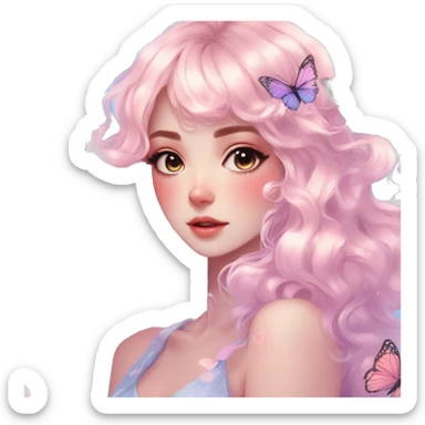gorgeous shiny blushing anime pastel lady with butterflies and beautiful hair fairycore high quality detailed vogue trending aesthetic sticker