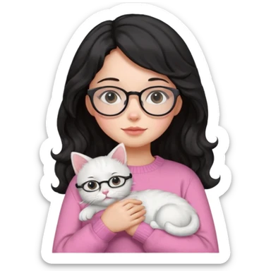 a girl with a black wavey hair, wearing a pink sweater and glasses, holding a cute white cat, only upper body sticker