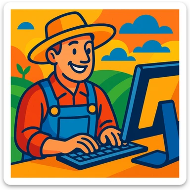 a farmer in overalls, smiling while typing on a computer, vibrant style sticker