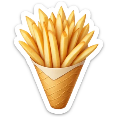 Cinematic Realistic Belgian Fries Dish Emoji, showcasing thick, crispy fries served in a paper cone rendered with detailed textures and golden, appetizing lighting. sticker