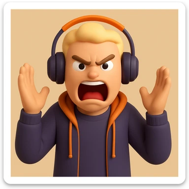 Make the bold guy with headphones look angrier and more intense while screaming in the style of microsoft 3D fluent emojis. sticker