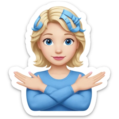 Girl Blonde short wavy hair,  blue eyes, cute blue top, long lashes, pink lips, smiling, making cross arms with arms  sticker
