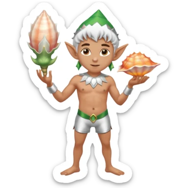 male elf in silver-trimmed swim shorts, holding glowing conch shell. Pointed ears, barefoot. Tropical vibe sticker