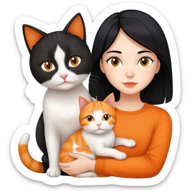 girl with medium size length black hair, with 2 cats (1 mixed white and orange cat and a pure orange cat) sticker
