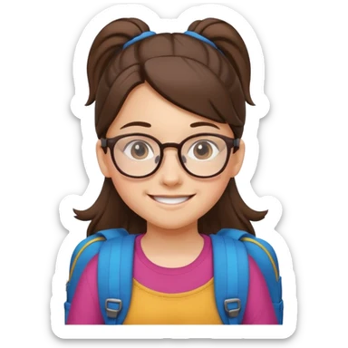 student brunet kid girl, ponytail wearing glasses with backpack sticker