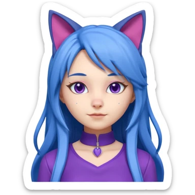 The image is a 3D rendering of a female character with long blue hair and cat ears on her head. She is wearing a purple outfit with a high neckline and long sleeves.  sticker