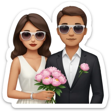 Couple traveling in Montenegro russian man and elegant  Latina girl delicate peonies and mountains in the background  sticker