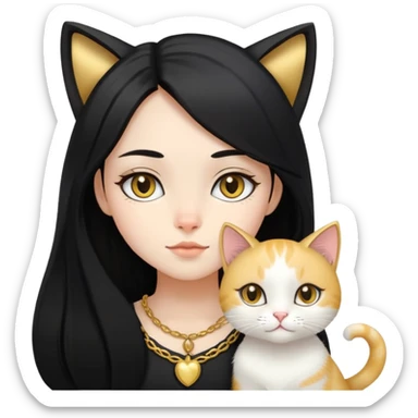 Girl black long hair with whiteish gold cat sticker
