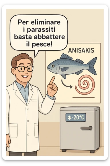  a scientist in a white lab coat stands beside a large poster showing a fish and a diagram of the Anisakis parasite. The scientist points to a speech bubble that says, “Per eliminare i parassiti basta abbattere il pesce!” In the background, a blast freezer is visible, with a temperature gauge set to -20°C. The mood is informative and reassuring. In italiano sticker
