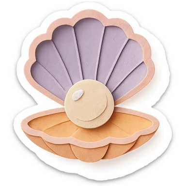 illustration of a clam shell open with a shiny pearl inside, soft pastel colors, paper-craft style sticker