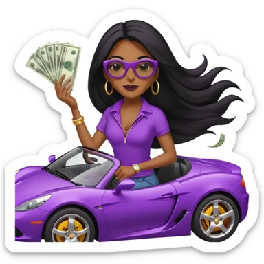 Black woman with long hair riding in a purple sports car with money falling sticker