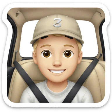 smiling boy in car interior with backwards hat sticker