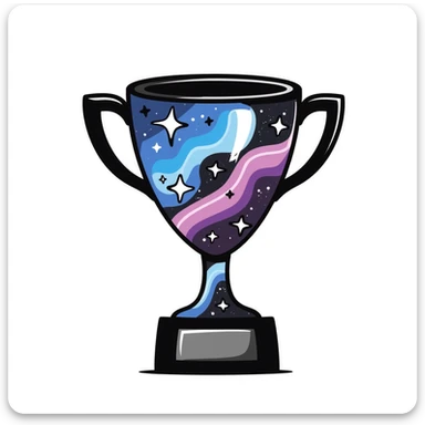 An alien trophy with universe-inspired colors, galactic swirls, and star details sticker
