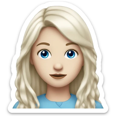 young pale white woman with blue eyes, long dark brown hair and a fringe sticker