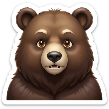 Cinematic Noble Bear Portrait Emoji, Poised and regal, with a large, imposing build and a thick, well-groomed rich dark brown fur, deep-set soulful eyes, Simplified yet sharp and sophisticated features, highly detailed, glowing with a soft, dignified glow, high shine, intelligent and formidable, stylized with an air of wild majesty, focused and attentive, soft glowing outline, capturing the essence of a watchful and commanding guardian, so majestic it feels as though it could lumber out of the screen with effortless authority! sticker